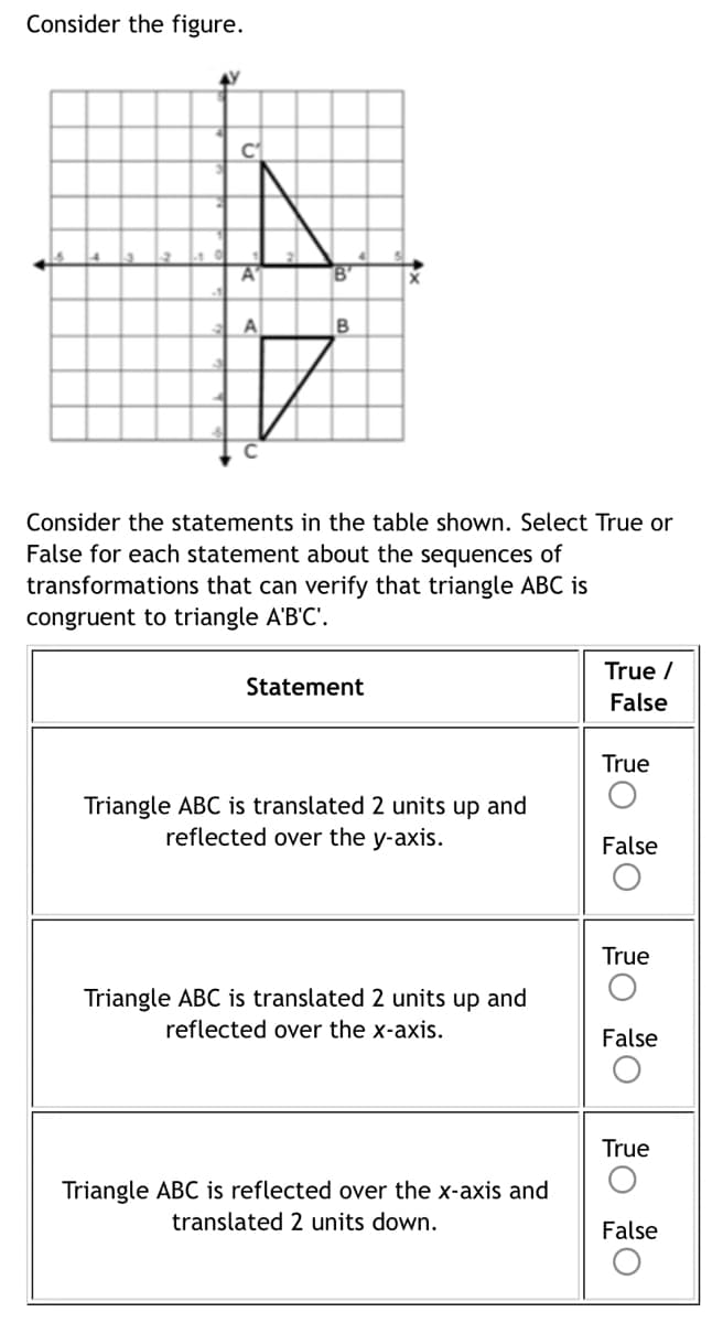 Consider the figure.
C₁
В'
A
B
Consider the statements in the table shown. Select True or
False for each statement about the sequences of
transformations that can verify that triangle ABC is
congruent to triangle A'B'C'.
Statement
True /
False
True
Triangle ABC is translated 2 units up and
reflected over the y-axis.
False
True
Triangle ABC is translated 2 units up and
reflected over the x-axis.
False
True
Triangle ABC is reflected over the x-axis and
translated 2 units down.
False