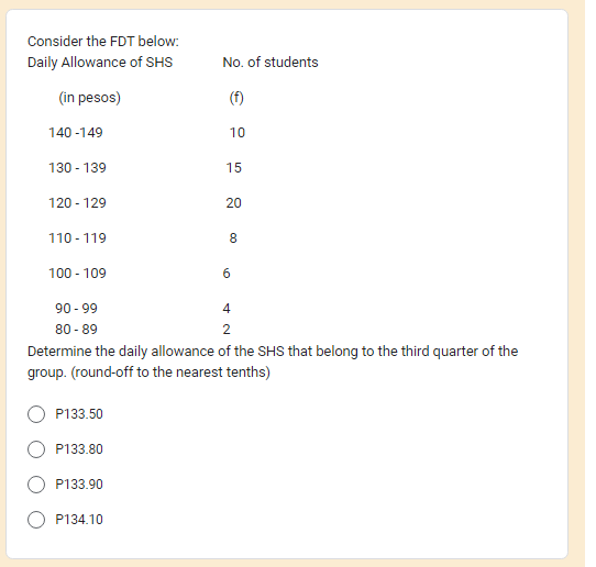 Consider the FDT below:
Daily Allowance of SHS
(in pesos)
140-149
130 - 139
120 - 129
110-119
100-109
90-99
80-89
P133.50
P133.80
P133.90
No. of students
(f)
10
4
2
Determine the daily allowance of the SHS that belong to the third quarter of the
group. (round-off to the nearest tenths)
P134.10
15
20
8
6