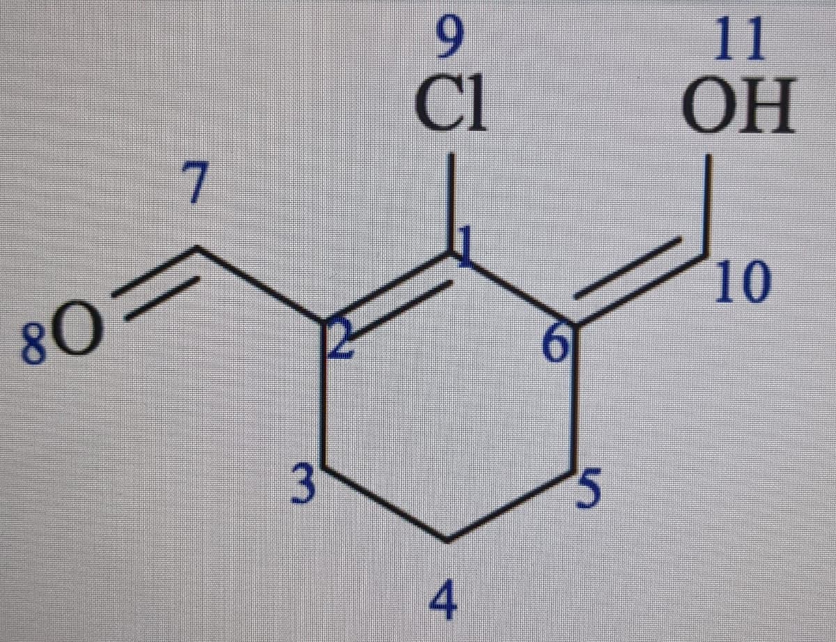 **Chemical Structure Diagram**:
The diagram shows the chemical structure of a chlorinated cyclohexene derivative with additional functional groups. 

**Explanation**:
- The hexagon represents a six-membered carbon ring, specifically cyclohexene, a cyclic compound with one double bond.
- **Numbering of Carbon Atoms**: 
  - The carbon atoms are numbered from 1 to 6 in a clockwise manner.
  - Starting at position 1, moving sequentially to 6.
- **Functional Groups**:
  - A chlorine (Cl) atom is attached to carbon 1 (Cl1).
  - A hydroxyl (OH) group is attached to carbon 6 (OH11).
  - A carbonyl group (O=) is attached at carbon 2, indicated by a double-bonded oxygen (O8).
  - A double bond is present at positions 4 and 5 and at positions 2 and 3 in the ring ( =7).

The structure can be interpreted as 1-chloro-2-oxo-6-hydroxycyclohex-2-en-3-ene.