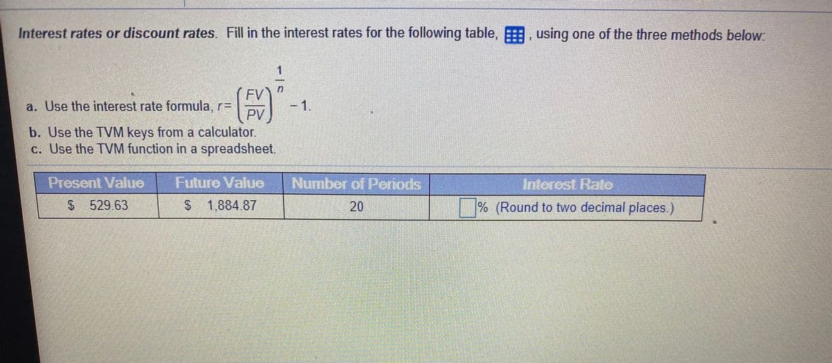Interest rates or discount rates. Fill in the interest rates for the following table, , using one of the three methods below:
FV
-1.
a. Use the interest rate formula, r=
PV
b. Use the TVM keys from a calculator.
c. Use the TVM function in a spreadsheet.
Present Value
Future Value
Number of Periods
Inforost Rate
S 529 63
$ 1,884 87
20
% (Round to two decimal places.)
