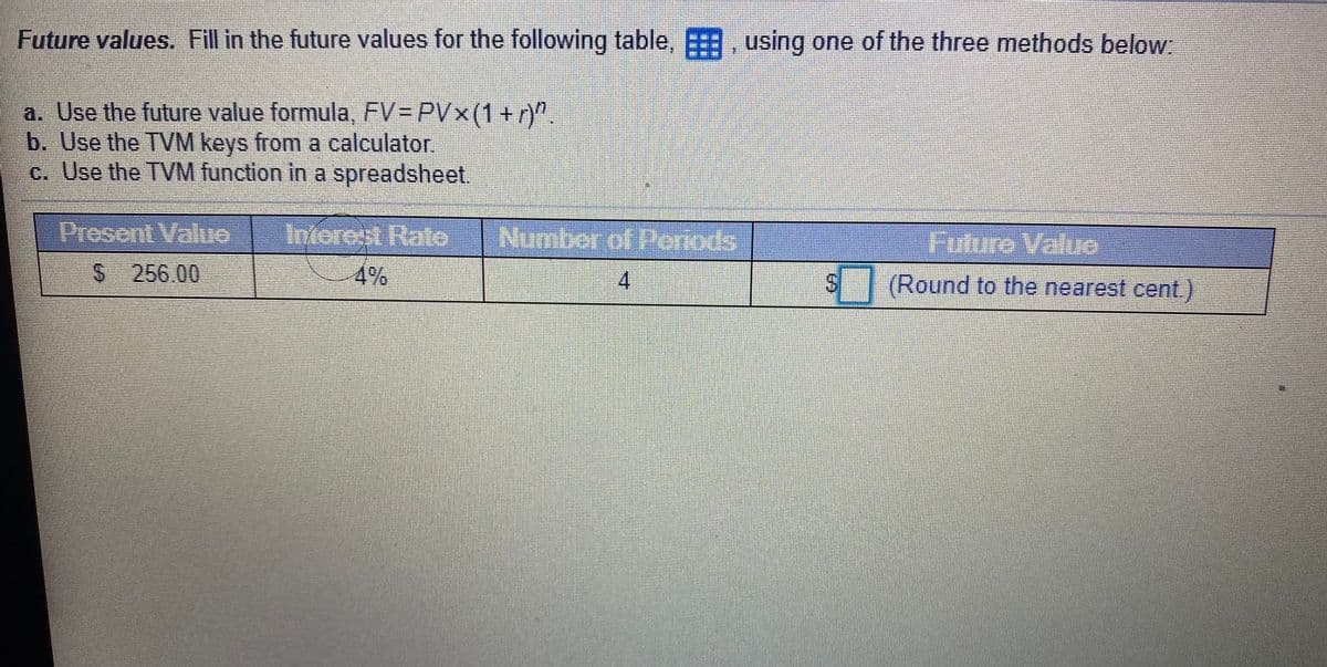 Future values. Fill in the future values for the following table, E, using one of the three methods below
a. Use the future value formula, FV= PVx(1+r)".
b. Use the TVM keys from a calculator.
c. Use the TVM function in a spreadsheet.
Present ValuO
Inforest Rate
Number o Poriods
$ 256.00
4%
4.
S(Round to the nearest cent.
