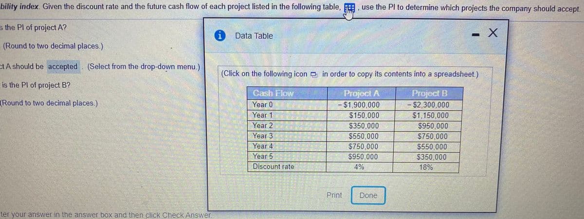 bility index. Given the discount rate and the future cash flow of each project listed in the following table, E.
use the Pl to determine which projects the company should accept.
s the Pl of project A?
i Data Table
(Round to two decimal places.)
ct A should be accepted
(Select from the drop-down menu.)
(Click on the following icon in order to copy its contents into a spreadsheet.)
is the PI of project B?
Cash Flow
Project B
– $2,300,000
$1,150,000
$950,000
$750,000
$550,000
$350.000
18%
Project A
- $1,900,000
$150,000
$350,000
(Round to two decimal places.)
Year 0
Year 1
Year 2
Year 3
Year 4
$550,000
$750,000
$950,000
4%
Year 5
Discount rate
Print
Done
ter your answer in the answer box and then click Check Answer.
