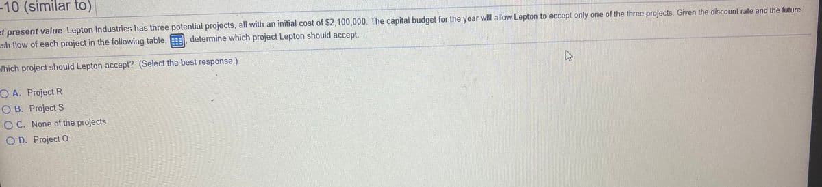 -10 (similar to)
et present value. Lepton Industries has three potential projects, all with an initial cost of $2,100,000. The capital budget for the year will allow Lepton to accept only one of the three projects. Given the discount rate and the future
sh flow of each project in the following table,
determine which project Lepton should accept.
Which project should Lepton accept? (Select the best response.)
O A. Project R
O B. Project S
O C. None of the projects
O D. Project Q
