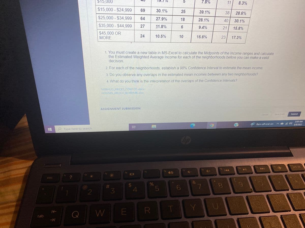 $15,000
7.8%
11
8.3%
$15,000 - $24,999
69
30.1%
25
39.1%
38
28.6%
$25,000 - $34,999
64
27.9%
18
28.1%
40
30.1%
$35,000 - $44,999
27
11.8%
9.4%
21
15.8%
$45,000 OR
MORE
24
10.5%
10
15.6%
23
17.3%
1. You must create a new table in MS-Excel to calculate the Midpoints of the Income ranges and calculate
the Estimated Weighted Average Income for each of the neighborhoods before you can make a valid
decision.
2. For each of the neighborhoods, establish a 98% Confidence Interval to estimate the mean income.
3. Do you observe any overlaps in the estimated mean incomes between any two neighborhoods?
4. What do you think is the interpretation of the overlaps of the Confidence Intervals?
NEBHUD PRICES CONFID .cOC
HOUSES AROCH BORPARKX5X
ASSIGNMENT SUBMISSION
Cancel
Save Draft
Submit
3:59 AM
Rain off and on
5/9/2022
Type here to search
op
prt sc
f6
144
f4
esc
23
2
3.
Q
E
tab
CO
%24
%23
业不
