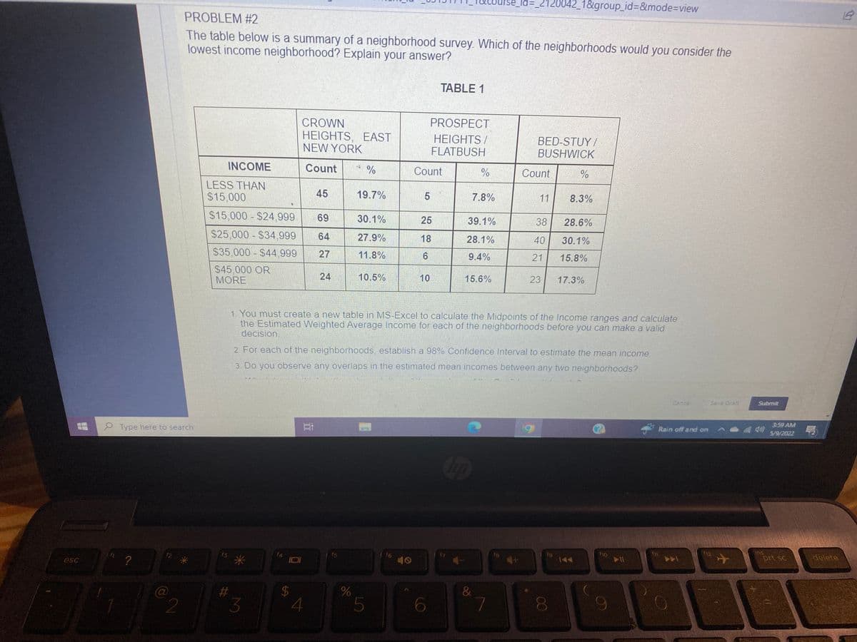 e_id%3D_2120042_1&group_id%3D&mode%3Dview
PROBLEM #2
The table below is a summary of a neighborhood survey. Which of the neighborhoods would you consider the
lowest income neighborhood? Explain your answer?
TABLE 1
CROWN
PROSPECT
HEIGHTS, EAST
NEW YORK
HEIGHTS/
FLATBUSH
BED-STUY /
BUSHWICK
INCOME
Count
%
Count
%
Count
LESS THAN
$15,000
45
19.7%
7.8%
11
8.3%
$15 000 $24,999
69
30.1%
25
39.1%
38
28.6%
$25,000 $34 999
64
27.9%
18
28.1%
40
30.1%
$35,000 $44,999
27
11.8%
9.4%
21
15.8%
$45.000 OR
MORE
24
10.5%
10
15.6%
23
17.3%
1. You must create a new table in MS-Excel to calculate the Midpoints of the Income ranges and calculate
the Estimated Weighted Average Income for each of the neighborhoods before you can make a valid
decision.
2. For each of the neighborhoods establish a 98% Confidence Interval to estimate the mean income
3. Do you observe any overlaps in the estimated mean incomes between any two neighborhoods?
Cance
Save Draft
Submit
3:59 AM
2Type here to search
6.
Rain off and on
5/9/2022
ip
112
?
prt sc
delete
esc
144
114
144
%23
3
00
%24
