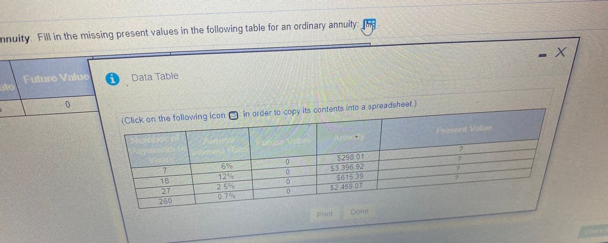 nnuity. Fill in the missing present values in the following table for an ordinary annuity:
Future Value
ate
Data Table
(Click on the following icon O in order to copy its contents into a spreadsheet)
it Valuo
$298 01
S3.396 92
S615 39
$2.459 07
6%
12%
2.5%
07%
18
0.
27
260
0.
Print
Done
Check A
