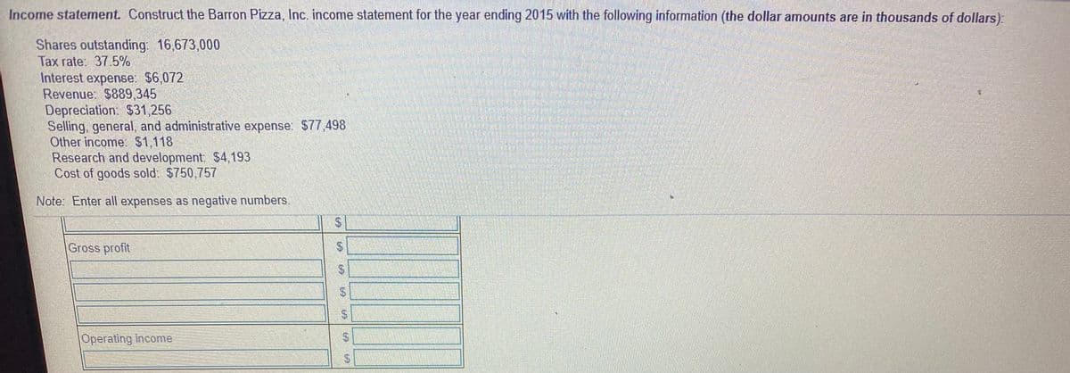 Income statement. Construct the Barron Pizza, Inc. income statement for the year ending 2015 with the following information (the dollar amounts are in thousands of dollars):
Shares outstanding: 16,673,000
Tax rate: 37.5%
Interest expense: $6,072
Revenue: $889,345
Depreciation: $31,256
Selling, general, and administrative expense $77.498
Other income: S1,118
Research and development $4,193
Cost of goods sold: $750,757
Note: Enter all expenses as negative numbers.
Gross profit
Operating income
S.
%24
%24
%24
%24
%24
%24
%24
