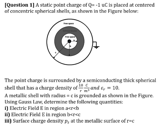 [Question 1] A static point charge of Q= -1 uC is placed at centered
of concentric spherical shells, as shown in the Figure below:
Free space
Semiconductor
Free space
The point charge is surrounded by a semiconducting thick spherical
shell that has a charge density of and &r = 10.
10 C
A metallic shell with radius = c is grounded as shown in the Figure.
Using Gauss Law, determine the following quantities:
i) Electric Field E in region a<r<b
ii) Electric Field E in region b<r<c
iii) Surface charge density p, at the metallic surface of r=c