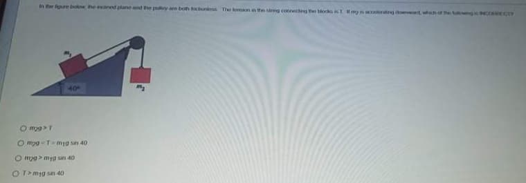 te figure bakne he ned plane and hie py are boh oni T toionn th sing connedeg the tocs ist Hmyncorng dow , whhhe n C
40
O m2g =T=m1g sin 40
OT>mig sn 40
