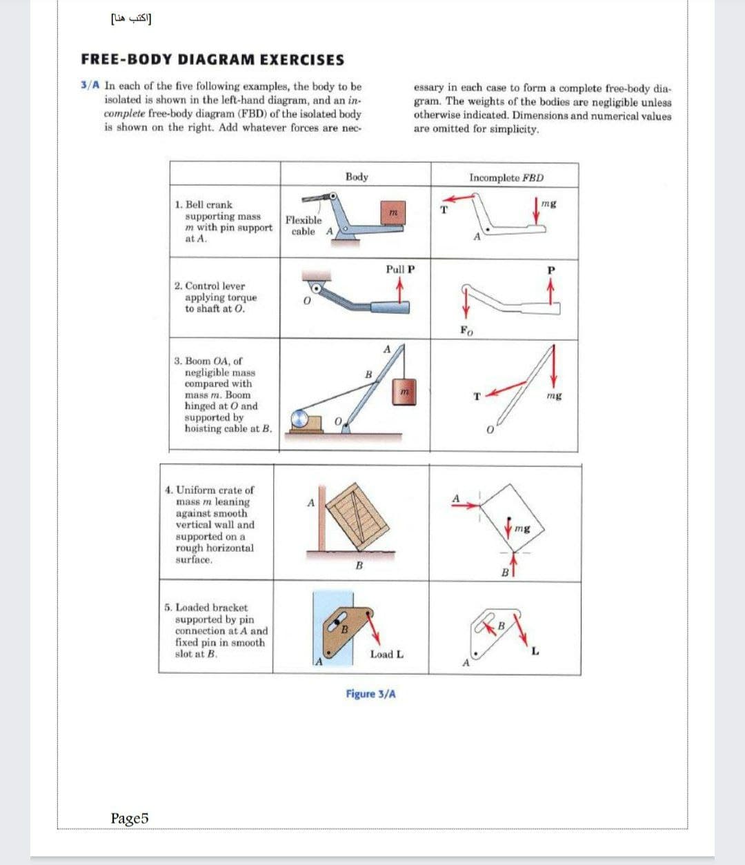 FREE-BODY DIAGRAM EXERCISES
3/A In each of the five following examples, the body to be
isolated is shown in the left-hand diagram, and an in-
complete free-body diagram (FBD) of the isolated body
is shown on the right. Add whatever forces are nec-
essary in each case to form a complete free-body dia-
gram. The weights of the bodies are negligible unless
otherwise indicated. Dimensions and numerical values
are omitted for simplicity.
Body
Incomplete FBD
1. Bell crank
supporting mass
m with pin support
at A.
mg
m
Flexible
cable A
Pull P
P.
2. Control lever
applying torque
to shaft at 0.
Fo
3. Boom OA, of
negligible mass
compared with
mass m. Boom
hinged at O and
supported by
hoisting cable at B.
B
m
mg
4. Uniform crate of
mass m leaning
against smooth
vertical wall and
supported on a
rough horizontal
surface.
A
mg
B
B
5. Loaded bracket
supported by pin
connection at A and
fixed pin in smooth
slot at B.
Load L
Figure 3/A
Page5
