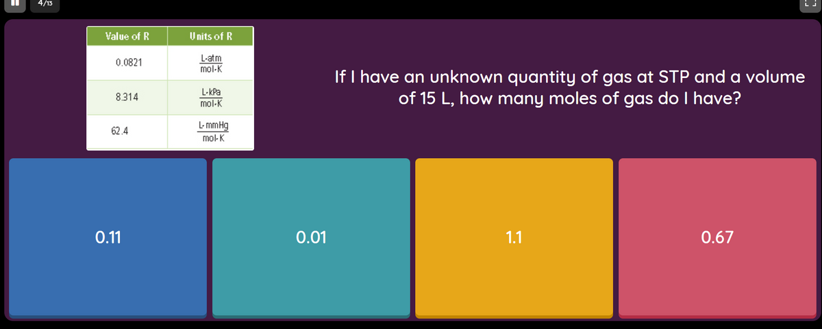 4/13
Value of R
U nits of R
L-atm
mol-K
0.0821
L-kPa
mol-K
If I have an unknown quantity of gas at STP and a volume
of 15 L, how many moles of gas do I have?
8.314
L- mmHg
mol- K
62.4
0.1
0.01
1.1
0.67
