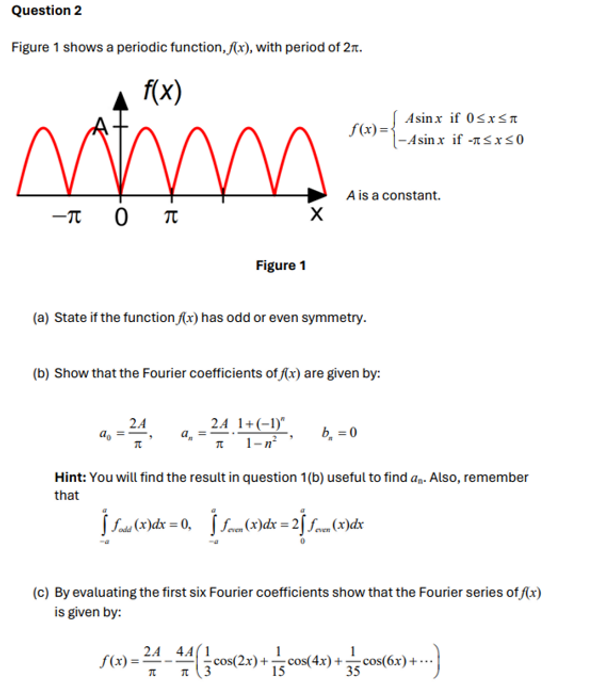 Question 2
Figure 1 shows a periodic function, f(x), with period of 2.
f(x)
–π ο π
0
n
Figure 1
X
24 1+(-1)"
π
1-n²
(a) State if the function f(x) has odd or even symmetry.
f(x)=
(b) Show that the Fourier coefficients of f(x) are given by:
A is a constant.
2A 4A
f(x)= 44 (= cos(2x) + cos(4
T
-24
Hint: You will find the result in question 1(b) useful to find an. Also, remember
that
| Loss (X)dx=0,_ ↑ Seven (X)dx=2] Som (x) dx
Asinx if 0≤x≤a
-Asinx if -≤x≤0
b₁ = 0
(c) By evaluating the first six Fourier coefficients show that the Fourier series of f(x)
is given by:
cos(4x) +
1
*35 cos(6x) +...