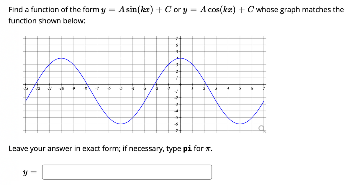 Find a function of the form y = A sin(kx) + C or y = A cos(kx) + C whose graph matches the
function shown below:
-13
-12
-11
-10
-9
-8
-7
-6
-5
-3
-2
-1
2
3
4
5
6
-2
-3
-4
--
-7+
Leave your answer in exact form; if necessary, type pi for T.
y =
