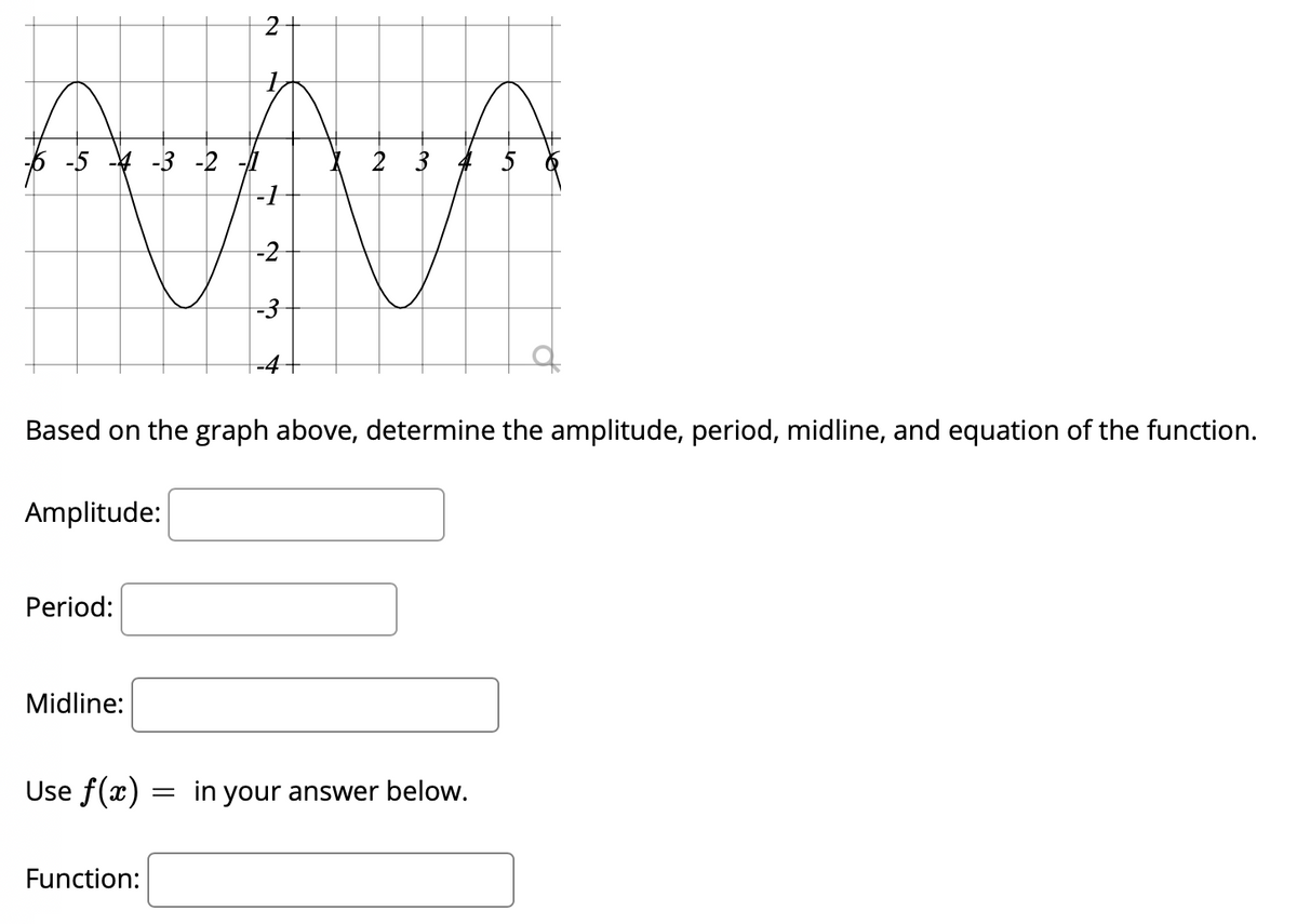 2
-5
-3 -2 -д
2 3 4 5
-2
-3
-4
Based on the graph above, determine the amplitude, period, midline, and equation of the function.
Amplitude:
Period:
Midline:
Use f(x) = in your answer below.
Function:
