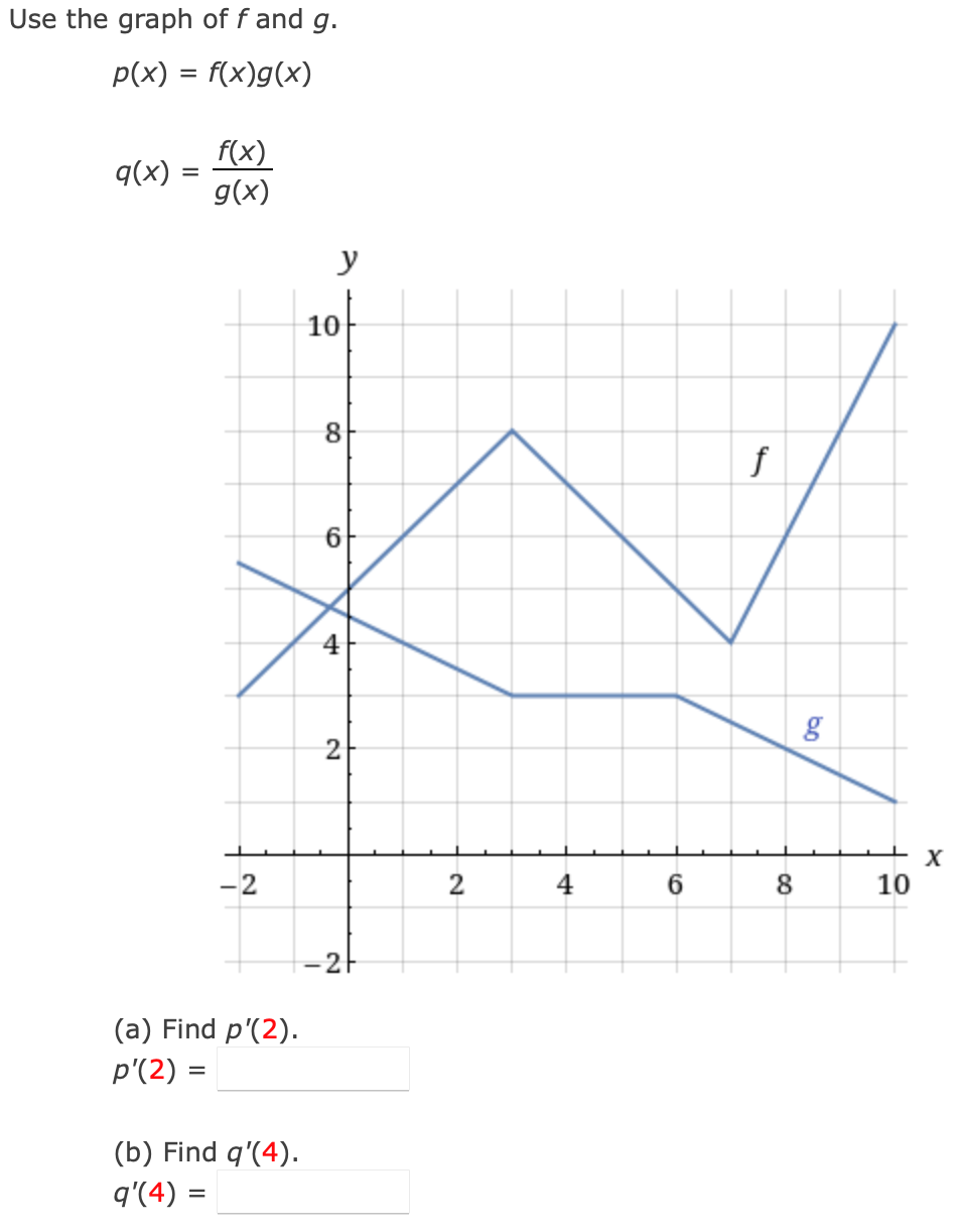 Use the graph of f and g.
p(x) = f(x)g(x)
f(x)
g(x)
q(x)
y
10
8.
f
4
2
-2
4
6.
8
10
-2
(a) Find p'(2).
p'(2) =
(b) Find q'(4).
q'(4) =
2.
