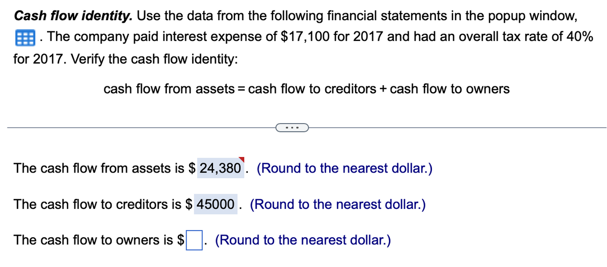 Cash flow identity. Use the data from the following financial statements in the popup window,
. The company paid interest expense of $17,100 for 2017 and had an overall tax rate of 40%
for 2017. Verify the cash flow identity:
cash flow from assets = cash flow to creditors + cash flow to owners
The cash flow from assets is $ 24,380. (Round to the nearest dollar.)
The cash flow to creditors is $ 45000. (Round to the nearest dollar.)
The cash flow to owners is $
(Round to the nearest dollar.)