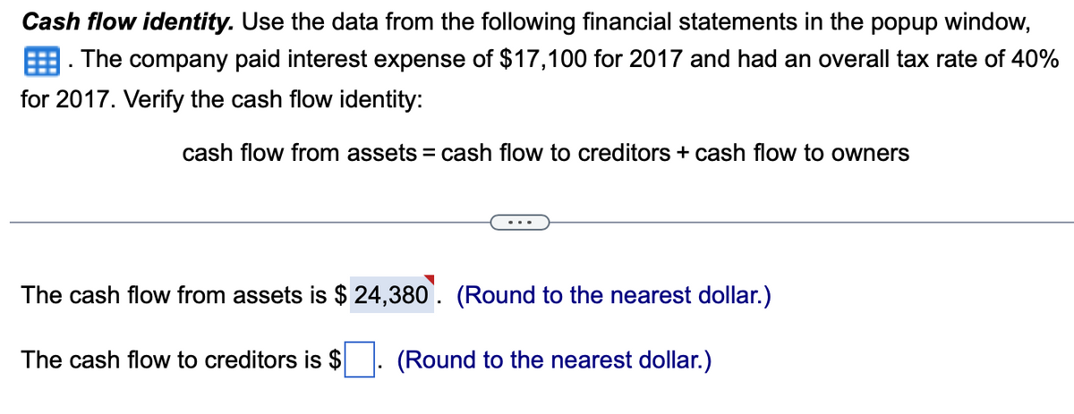 Cash flow identity. Use the data from the following financial statements in the popup window,
. The company paid interest expense of $17,100 for 2017 and had an overall tax rate of 40%
for 2017. Verify the cash flow identity:
cash flow from assets = cash flow to creditors + cash flow to owners
The cash flow from assets is $ 24,380. (Round to the nearest dollar.)
The cash flow to creditors is $
(Round to the nearest dollar.)