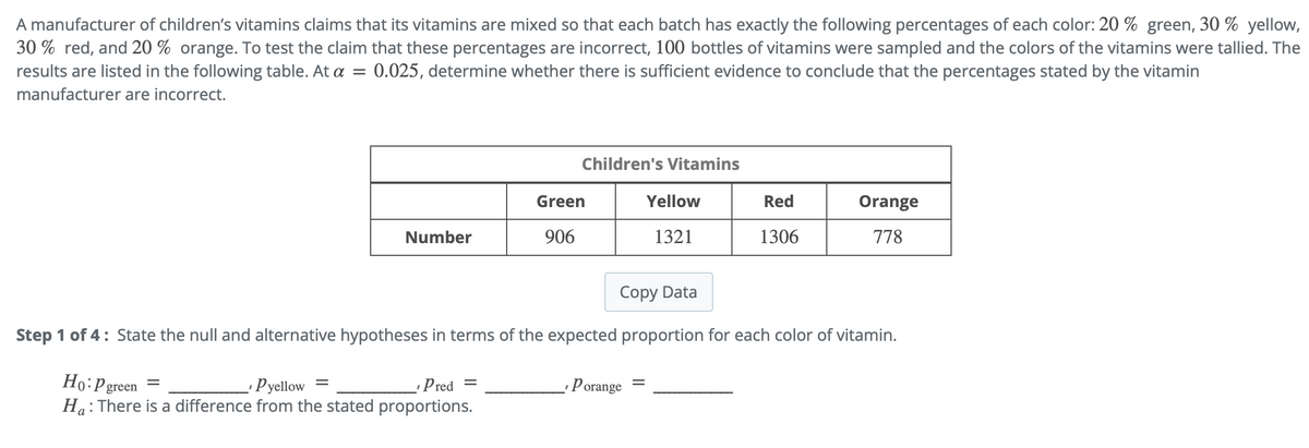 A manufacturer of children's vitamins claims that its vitamins are mixed so that each batch has exactly the following percentages of each color: 20 % green, 30 % yellow,
30% red, and 20% orange. To test the claim that these percentages are incorrect, 100 bottles of vitamins were sampled and the colors of the vitamins were tallied. The
results are listed in the following table. At a = 0.025, determine whether there is sufficient evidence to conclude that the percentages stated by the vitamin
manufacturer are incorrect.
Number
Children's Vitamins
Green
906
I
Yellow
1321
Porange
Red
1306
Copy Data
Step 1 of 4: State the null and alternative hypotheses in terms of the expected proportion for each color of vitamin.
Ho:P green =
- Pyellow =
_Pred =
Ha: There is a difference from the stated proportions.
Orange
778