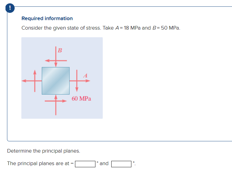 !
Required information
Consider the given state of stress. Take A = 18 MPa and B=50 MPa.
B
+
60 MPa
Determine the principal planes.
The principal planes are at
-
and