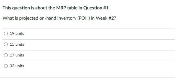 This question is about the MRP table in Question #1.
What is projected on-hand inventory (POH) in Week #2?
O 19 units
15 units
17 units
33 units