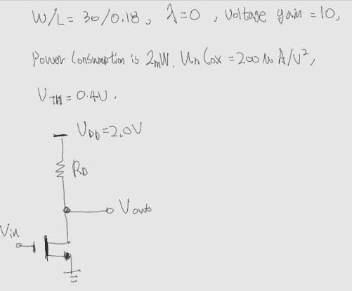 Vin
W/L = 30/0.18 1=0, voltage gain = 10,
Power Consumption is 2mW. Un (ox = 200μ A/V²,
Uthi = 0.40.
Upb=2,00
{ RD
Vout