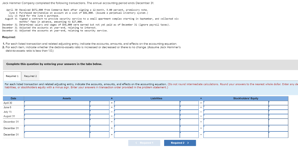 Jack Hammer Company completed the following transactions. The annual accounting period ends December 31.
April 30 Received $672,000 from Commerce Bank after signing a 12-month, 9.00 percent, promissory note.
June 6 Purchased merchandise on account at a cost of $81,00e. (Assume a perpetual inventory system.)
July 15 Paid for the June 6 purchase.
August 31
signed a contract to provide security service to a small apartment complex starting in September, and collected six
months fees in advance, amounting to $27,000.
December 31 Determined salary and wages of $46,800 were earned but not yet paid as of December 31 (ignore payroll taxes).
December 31 Adjusted the accounts at year-end, relating to interest.
December 31 Adjusted the accounts at year-end, relating to security service.
Required:
1. For each listed transaction and related adjusting entry, indicate the accounts, amounts, and effects on the accounting equation.
2. For each item, indicate whether the debt-to-assets ratio is increased or decreased or there is no change. (Assume Jack Hammer's
debt-to-assets ratio is less than 1.0.)
Complete this question by entering your answers in the tabs below.
Required 1 Required 2
For each listed transaction and related adjusting entry, indicate the accounts, amounts, and effects on the accounting equation. (Do not round intermediate calculations. Round your answers to the nearest whole dollar. Enter any de
liabilities, or stockholders equity with a minus sign. Enter your answers in transaction order provided in the problem statement.)
Date
April 30
June 6
July 15
August 31
December 31
December 31
December 31
Assets
Liabilities
< Required 1
Required 2 >
+
+
Stockholders' Equity