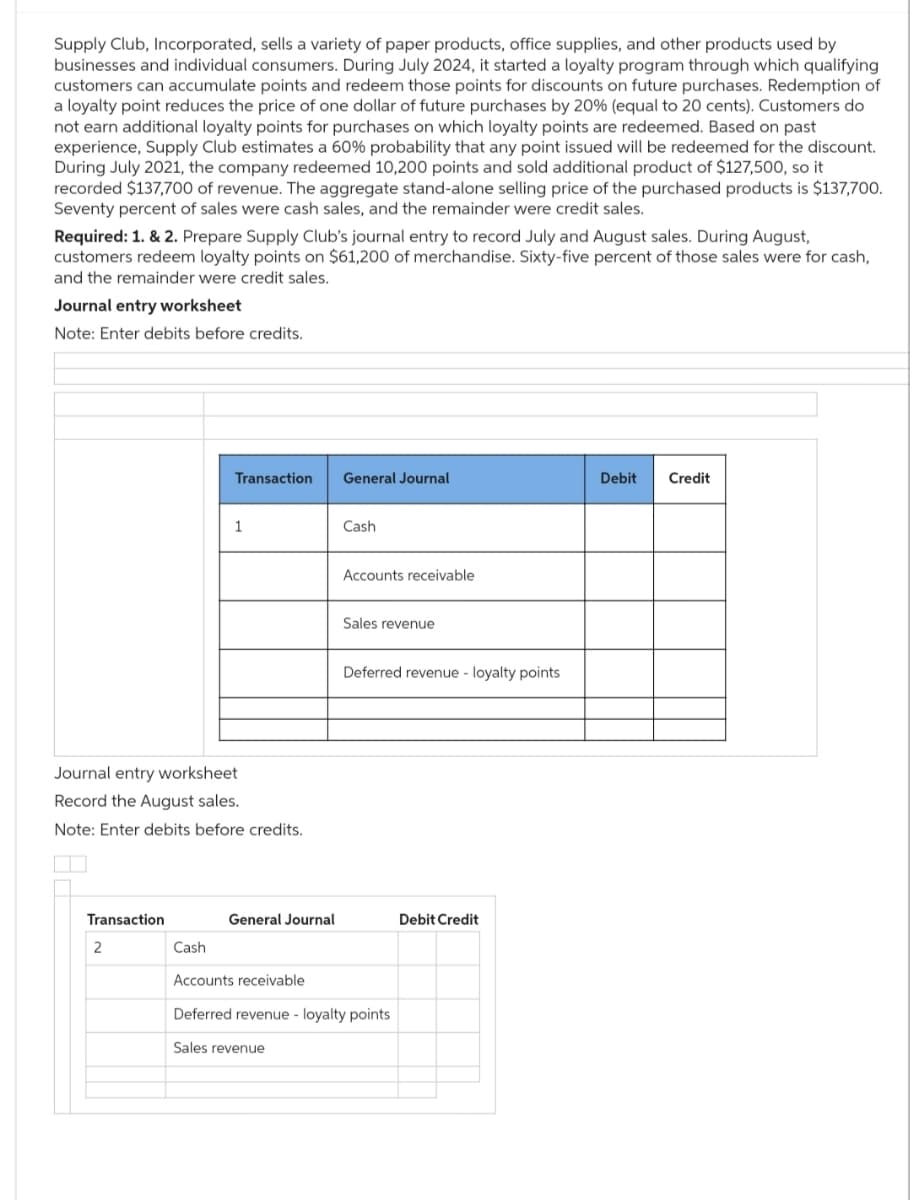 Supply Club, Incorporated, sells a variety of paper products, office supplies, and other products used by
businesses and individual consumers. During July 2024, it started a loyalty program through which qualifying
customers can accumulate points and redeem those points for discounts on future purchases. Redemption of
a loyalty point reduces the price of one dollar of future purchases by 20% (equal to 20 cents). Customers do
not earn additional loyalty points for purchases on which loyalty points are redeemed. Based on past
experience, Supply Club estimates a 60% probability that any point issued will be redeemed for the discount.
During July 2021, the company redeemed 10,200 points and sold additional product of $127,500, so it
recorded $137,700 of revenue. The aggregate stand-alone selling price of the purchased products is $137,700.
Seventy percent of sales were cash sales, and the remainder were credit sales.
Required: 1. & 2. Prepare Supply Club's journal entry to record July and August sales. During August,
customers redeem loyalty points on $61,200 of merchandise. Sixty-five percent of those sales were for cash,
and the remainder were credit sales.
Journal entry worksheet
Note: Enter debits before credits.
Transaction
Journal entry worksheet
Record the August sales.
Note: Enter debits before credits.
2
Transaction
Cash
1
General Journal
General Journal
Cash
Accounts receivable
Sales revenue
Deferred revenue - loyalty points
Accounts receivable
Deferred revenue - loyalty points
Sales revenue
Debit Credit
Debit Credit
