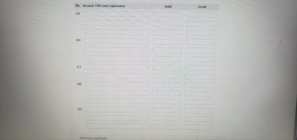 No. Account Titles and Explanation
(a)
(b)
(c)
(d)
(e)
eTextbook and Media
Debit
Credit