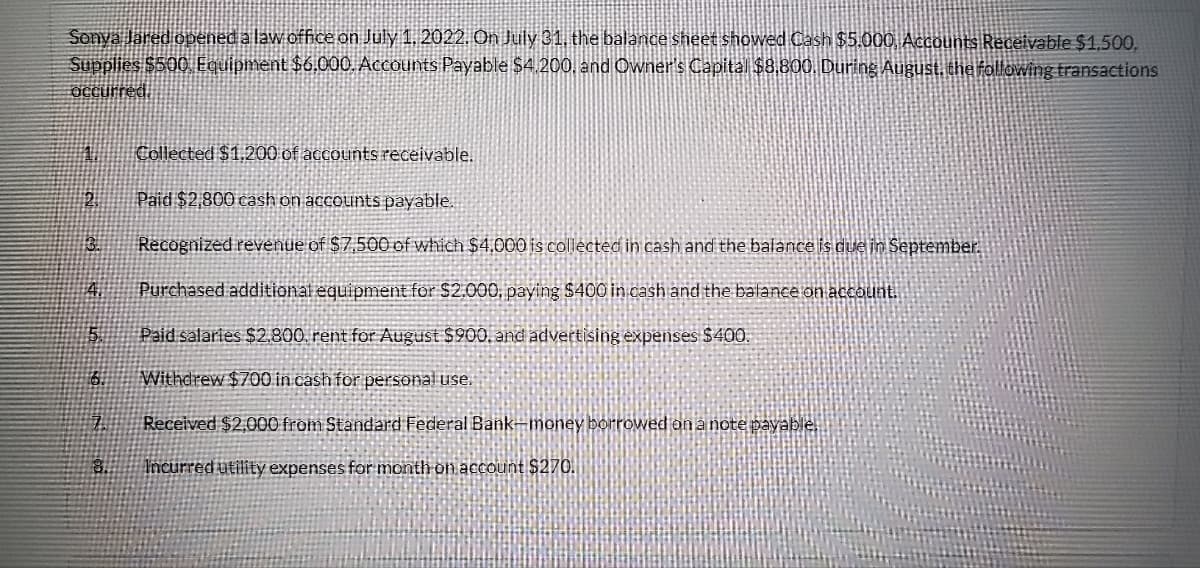 Sonva lared opened a law office on July 1, 2022. On July 31, the balance sheet showed Cash $5.000 Accounts Receivable $1,500.
Supplies $500 Equipment $6,000. Accounts Payable $4.200, and Owner's Capital $8,800. During August, the following transactions
OCcurred.
Collected $1,200 of accounts receivable.
2.
Paid $2,800 cash on accountS payable.
Recognized revenue of $7,500 of which $4.000 is collected in cash and the balance is due in September.
4.
Purchased additional equipment for $2,000, paying $400 in cash and the balance on account.
Paid salaries $2,.800 rent for August $900, and advertising expenses $40.
Withdrew $700 in cash for personal use.
Received $2,000 from Standard Federal Bank-money borrowed on a note payable,
Incurred utility expenses for month on account $270.
