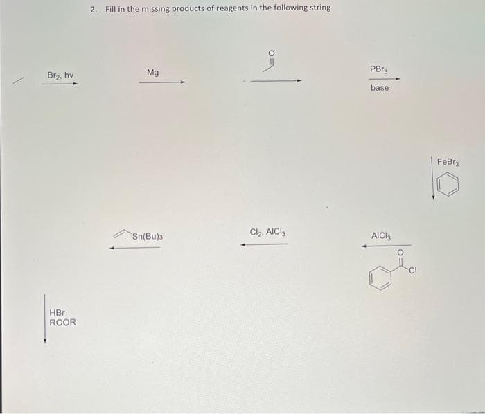 Br₂, hv
HBr
ROOR
2. Fill in the missing products of reagents in the following string
Mg
Sn(Bu)3
요
Cl₂, AlCl3
PBr3
base
AICI3
FeBr