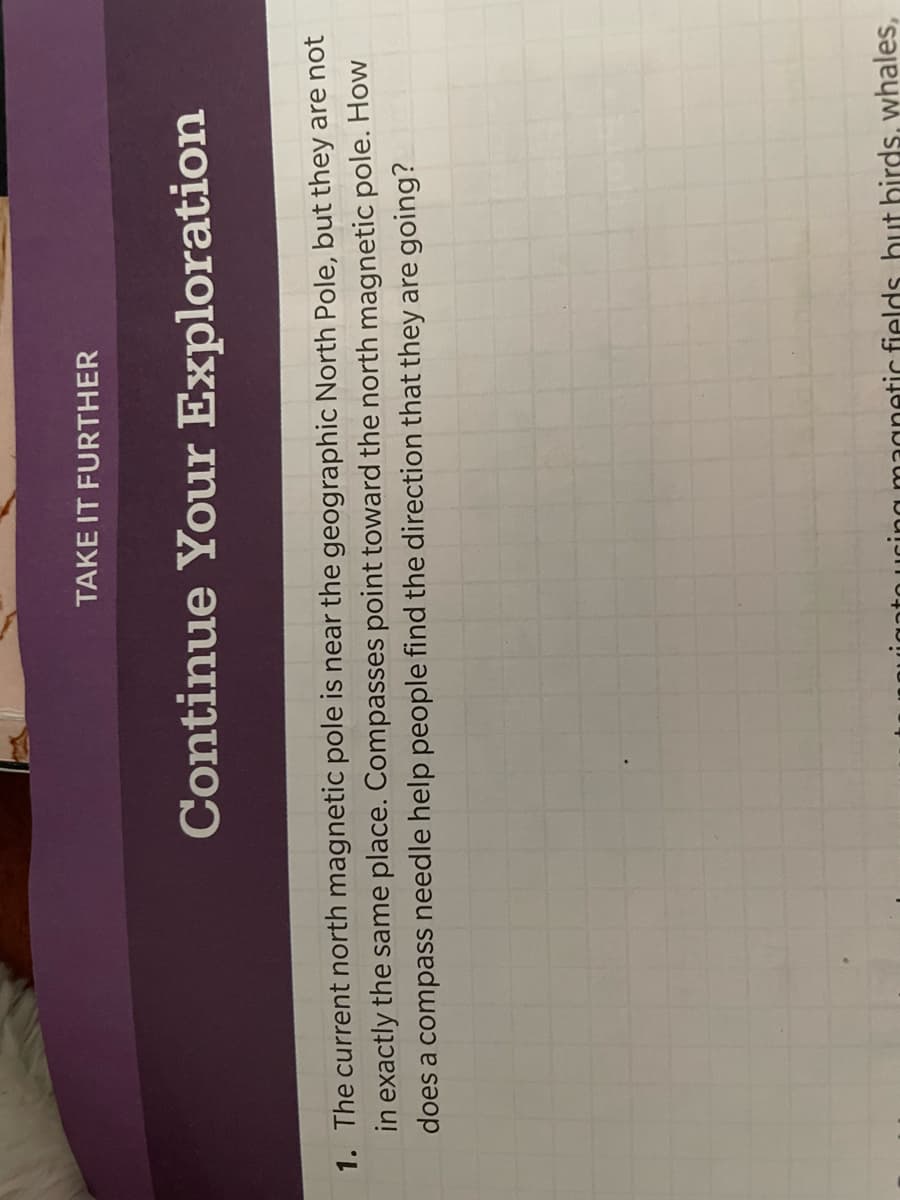 TAKE IT FURTHER
Continue Your Exploration
1. The current north magnetic pole is near the geographic North Pole, but they are not
in exactly the same place. Compasses point toward the north magnetic pole. How
does a compass needle help people find the direction that they are going?
etic fields but birds, whales,
