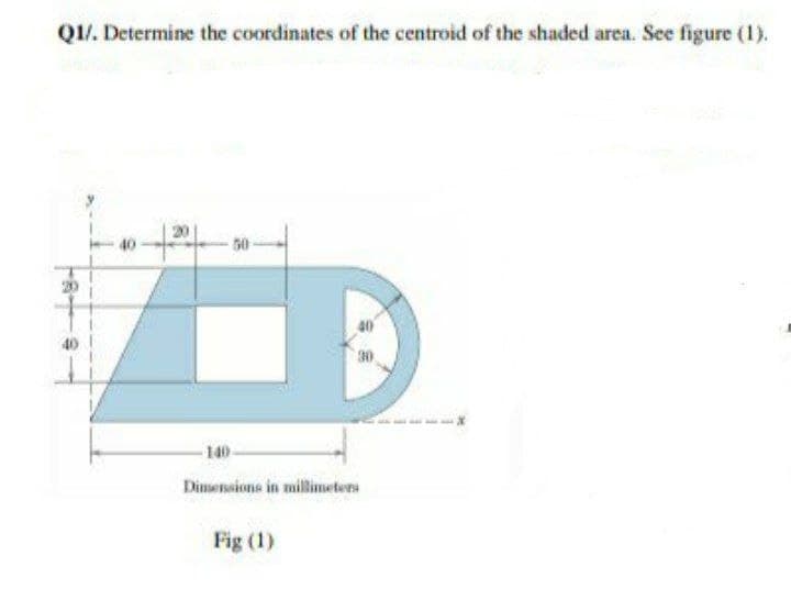 Q1/. Determine the coordinates of the centroid of the shaded area. See figure (1).
50
40
-140
Disensione in millimeters
Fig (1)
Fat
