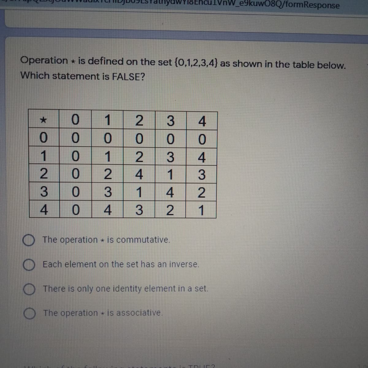 nyawy18EhculVnW_e9kuw08Q/formResponse
Operation * is defined on the set {0,1,2,3,4} as shown in the table below.
Which statement is FALSE?
0.
1
4
0.
0.
0.
4
0.
4
3
3.
1
4
4.
4
1
The operation * is commutative.
Each element on the set has an inverse.
There is only one identity element in a set.
The operation - is associative.
TDUE
2.
123
