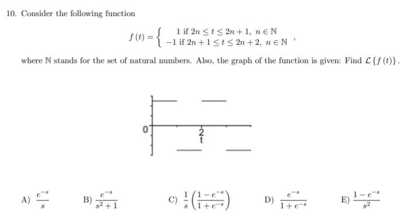 10. Consider the following function
1 if 2n <t< 2n + 1, neN
-1 if 2n +1<t< 2n + 2, n eN
where N stands for the set of natural numbers. Also, the graph of the function is given: Find L{f (t)}.
(t) =
B)
- e=
A)
1-
E)
s2
C)
D)
1+e-s
+1
1+e-s
