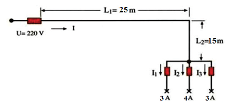 L1= 25 m
U= 220 V
L2=15m
3 A
4A
ЗА
