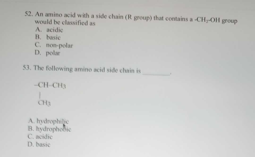 52. An amino acid with a side chain (R group) that contains a -CH₂-OH group
would be classified as
A. acidic
B. basic
C. non-polar
D. polar
53. The following amino acid side chain is
-CH-CH3
CH3
A. hydrophilic
B. hydrophobic
C. acidic
D. basic