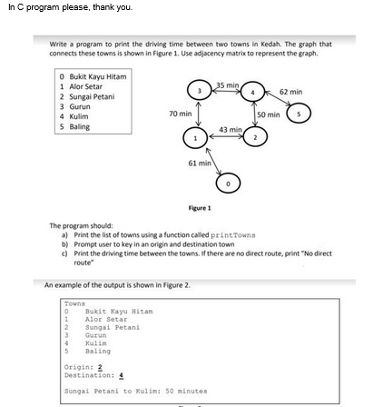 In C program please, thank you.
Write a program to print the driving time between two towns in Kedah. The graph that
connects these towns is shown in Figure 1. Use adjacency matrix to represent the graph.
0 Bukit Kayu Hitam
1 Alor Setar
2 Sungai Petani
3 Gurun
4 Kulim
5 Baling
70 min
1
2
61 min
An example of the output is shown in Figure 2.
Towns
Bukit Kayu Hitam
Alor Setar
The program should:
a) Print the list of towns using a function called print Towns
Sungai Petani
3
Gurun
4
Kulin
5 Baling
35 min
43 min
Origin: 2
Destination: 4
Sungai Petani to Kulim: 50 minutes
b) Prompt user to key in an origin and destination town
c) Print the driving time between the towns. If there are no direct route, print "No direct
route"
2
62 min
50 min
5