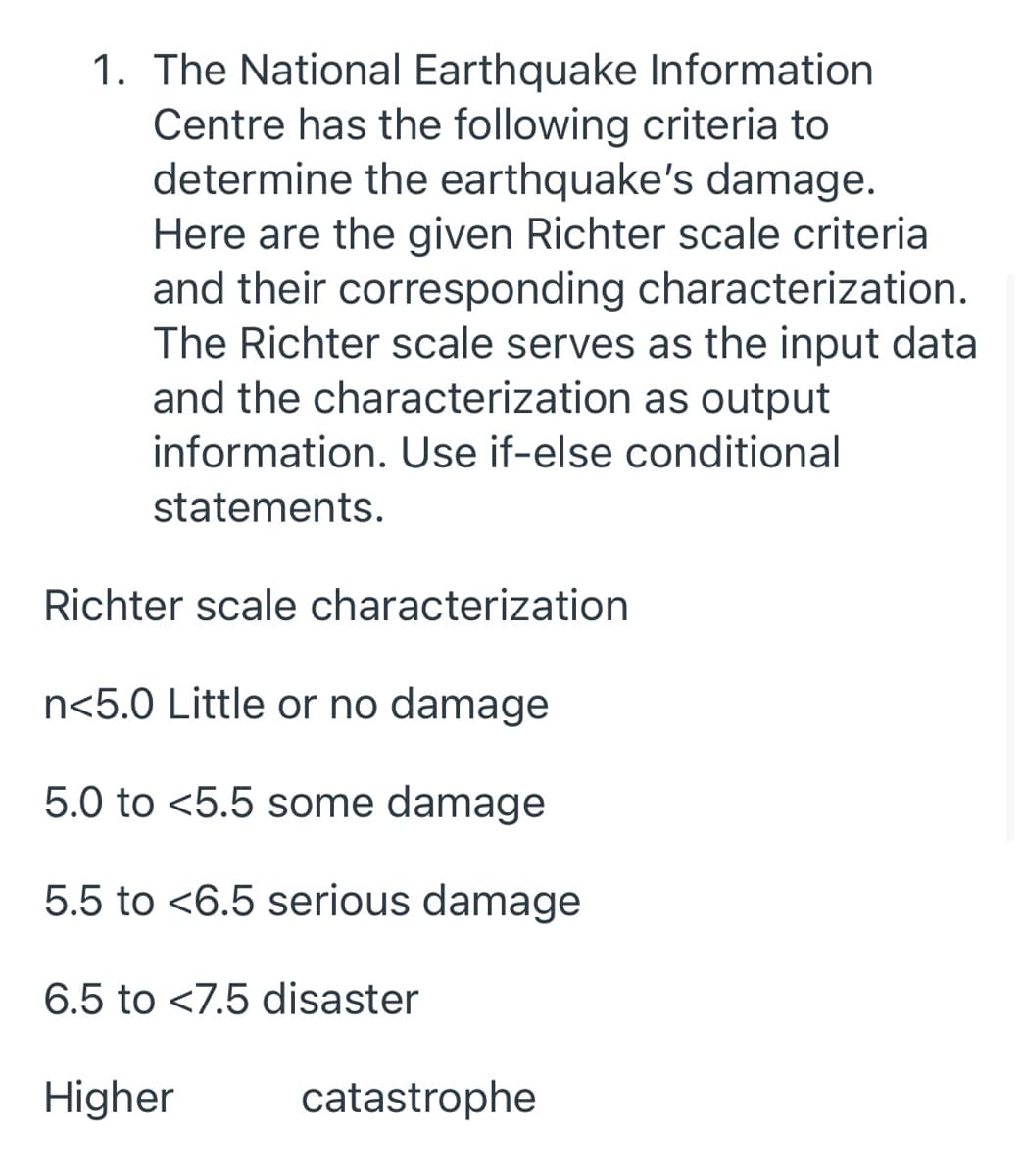 1. The National Earthquake Information
Centre has the following criteria to
determine the earthquake's damage.
Here are the given Richter scale criterial
and their corresponding characterization.
The Richter scale serves as the input data
and the characterization as output
information. Use if-else conditional
statements.
Richter scale characterization
n<5.0 Little or no damage
5.0 to <5.5 some damage
5.5 to <6.5 serious damage
6.5 to <7.5 disaster
Higher
catastrophe