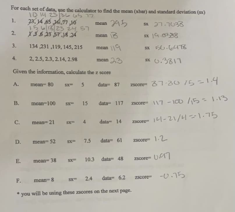 For each set of data, use the calculator to find the mean (xbar) and standard deviation (sx)
1014 23 3L G5 77
23, 14 ,65 36,77,10
1ら623さり57
X5623 57 1824
1.
29.5
sx 27.7038
mean
2.
mean 3
sx 9.0388
3.
134 ,231 ,119, 145, 215
119
sx 50.64T6
4.
2, 2.5, 2.3, 2.14, 2.98
mean 23
sx 6.3817
Given the information, calculate the z score
zscore= 37-30 15=1.4
A.
mean= 80
Sx=
data= 87
В.
7SCore= \\7 -IC0 115:1い3
mean=100
SX=
15
data= 117
1니-2/니 -1.75
С.
mean= 21
SX=
data= 14
Zscore
data= 61
Zscore= 1.2
D.
mean= 52
7.5
Sx=
data= 48
zscore= UM7
E.
mean= 38
10.3
SX=
data= 6.2
zscore- -0.75
F.
mean= 8
SX=
2.4
you
will be using these zscores on the next page.
4.
