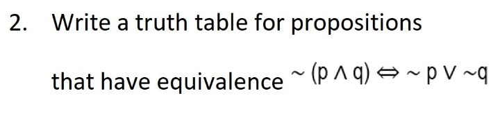 2. Write a truth table for propositions
that have equivalence (P^ q) → ~pv ~q
