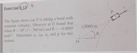 Exercise13
The figure shows car P is taking a bend with
constant velocity. Observer at O found that
when 0 = 30°, = 360 m/s and 6=-0.0005
rad/s. Determine a,, ag, a and p for this
5000 m.
instant.
