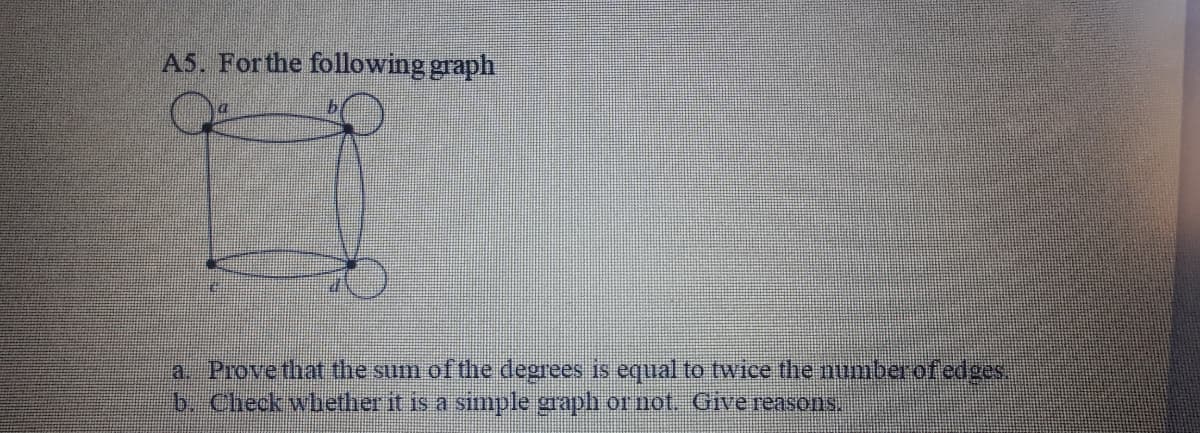 A5. For the following graph
a. Prove that the sum of tlhe degrees is equal to twice the numberofedges.
b. Check whether it is a simple graph or not. Cive reaseons.
