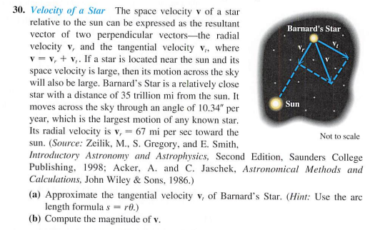 30. Velocity of a Star The space velocity v of a star
relative to the sun can be expressed as the resultant
vector of two perpendicular vectors-the radial
velocity v, and the tangential velocity v,, where
v = v, + v,. If a star is located near the sun and its
space velocity is large, then its motion across the sky
will also be large. Barnard's Star is a relatively close
star with a distance of 35 trillion mi from the sun. It
Barnard's Star
Sun
moves across the sky through an angle of 10.34" per
year, which is the largest motion of any known star.
Its radial velocity is v, = 67 mi per sec toward the
sun. (Source: Zeilik, M., S. Gregory, and E. Smith,
Introductory Astronomy and Astrophysics, Second Edition, Saunders College
Publishing, 1998; Acker, A. and C. Jaschek, Astronomical Methods and
Calculations, John Wiley & Sons, 1986.)
(a) Approximate the tangential velocity v, of Barnard's Star. (Hint: Use the arc
length formula s = r0.)
(b) Compute the magnitude of v.
Not to scale
