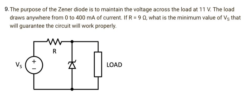 9. The purpose of the Zener diode is to maintain the voltage across the load at 11 V. The load
draws anywhere from 0 to 400 mA of current. If R = 9 Q, what is the minimum value of Vs that
will guarantee the circuit will work properly.
Vs
+1
www
R
LOAD