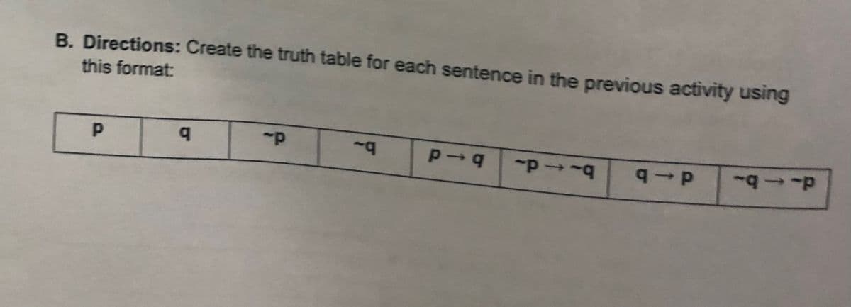 B. Directions: Create the truth table for each sentence in the previous activity using
this format:
d- b
