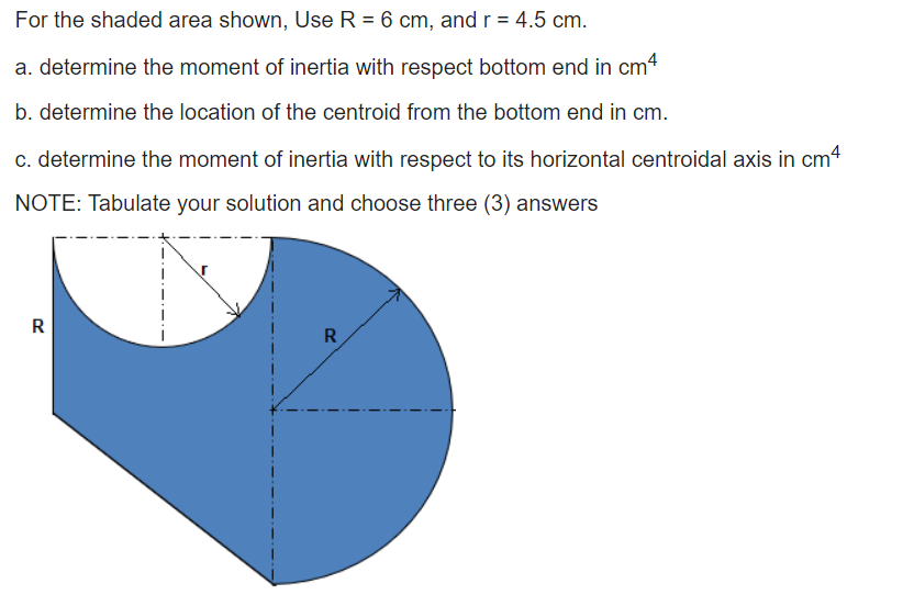 For the shaded area shown, Use R = 6 cm, and r = 4.5 cm.
a. determine the moment of inertia with respect bottom end in cm4
b. determine the location of the centroid from the bottom end in cm.
c. determine the moment of inertia with respect to its horizontal centroidal axis in cm4
NOTE: Tabulate your solution and choose three (3) answers
R
R
