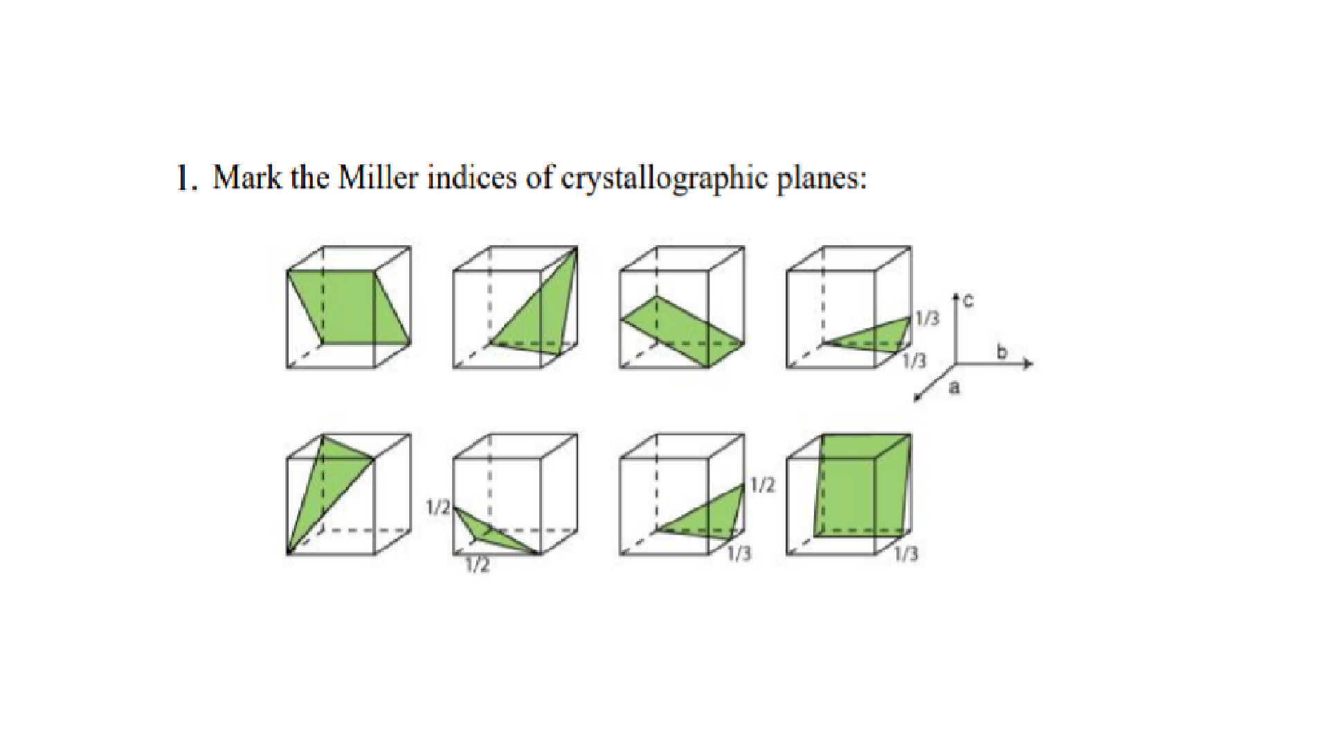 1. Mark the Miller indices of crystallographic planes:
1/3
1/3
1/2
1/2
1/3
1/3
1/2
