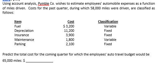 Using account analysis, Pymble Co. wishes to estimate employees' automobile expenses as a function
of miles driven. Costs for the past quarter, during which 58,000 miles were driven, are classified as
follows:
Item
Classification
Cost
$3,200
11,200
3,900
1,800
2,100
Fuel
Variable
Fixed
Fixed
Variable
Fixed
Depreciation
Insurance
Maintenance
Parking
Predict the total cost for the coming quarter for which the employees' auto travel budget would be
65,000 miles: $
