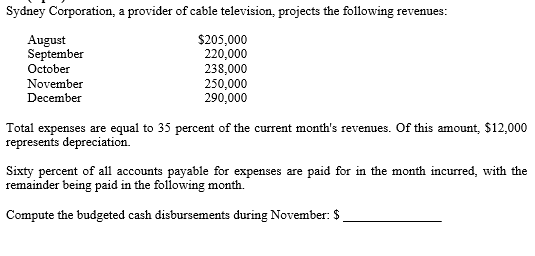 Sydney Corporation, a provider of cable television, projects the following revenues:
August
September
October
$205,000
220,000
238,000
250,000
290,000
November
December
Total expenses are equal to 35 percent of the current month's revenues. Of this amount, $12,000
represents depreciation.
Sixty percent of all accounts payable for expenses are paid for in the month incurred, with the
remainder being paid in the following month.
Compute the budgeted cash disbursements during November: $
