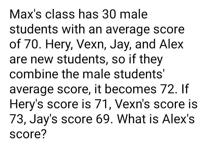 Max's class has 30 male
students with an average score
of 70. Hery, Vexn, Jay, and Alex
are new students, so if they
combine the male students'
average score, it becomes 72. If
Hery's score is 71, Vexn's score is
73, Jay's score 69. What is Alex's
score?
